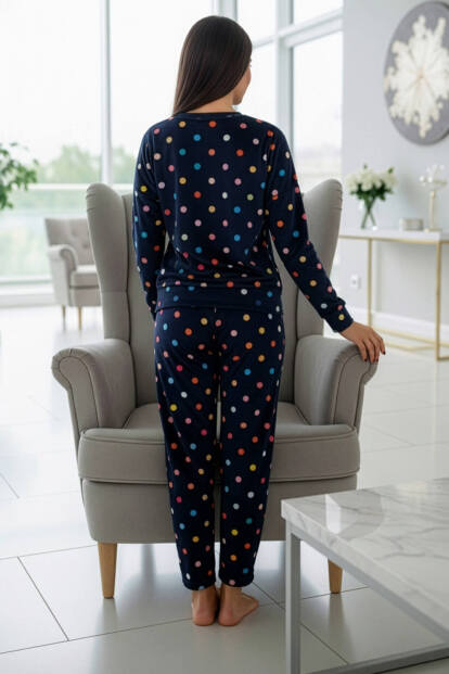 Lacivert Puan Desenli Veloura Soft Kadın Pijama Takımı  - 6