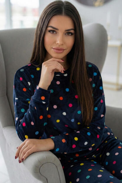 Lacivert Puan Desenli Veloura Soft Kadın Pijama Takımı  - 7