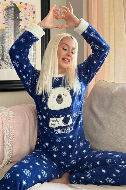 Lacivert Ready Bear Desenli Peluş Polar Pijama Takımı - 1