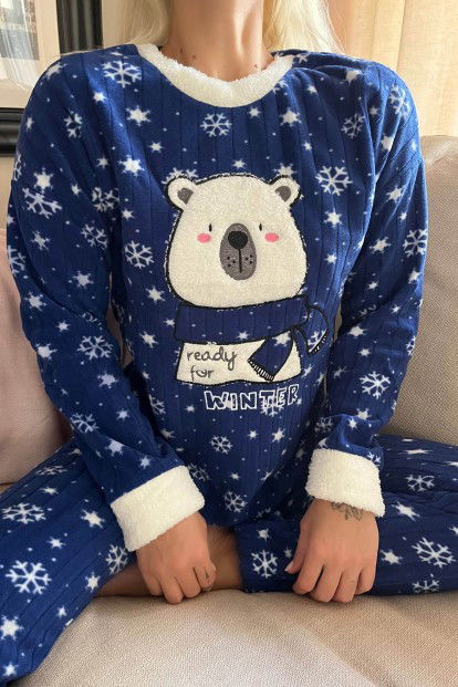 Lacivert Ready Bear Desenli Peluş Polar Pijama Takımı - 4