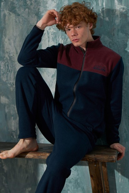 Lacivert Relax Önden Fermuarlı Uzun Kollu Polar Erkek Pijama Takımı - 1