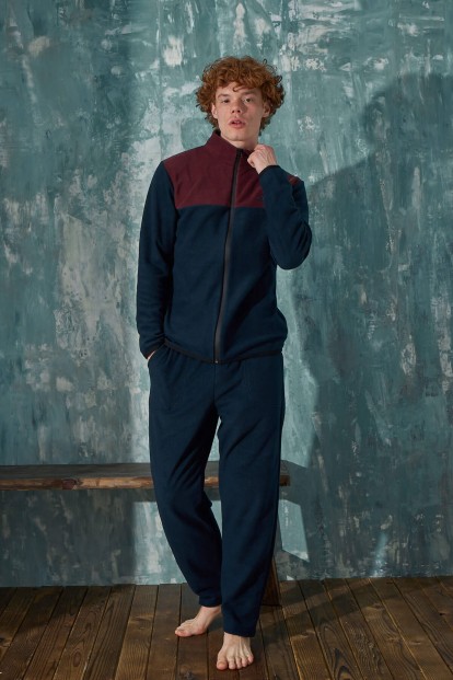 Lacivert Relax Önden Fermuarlı Uzun Kollu Polar Erkek Pijama Takımı - 3