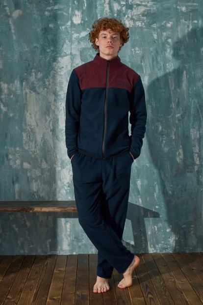 Lacivert Relax Önden Fermuarlı Uzun Kollu Polar Erkek Pijama Takımı - 4