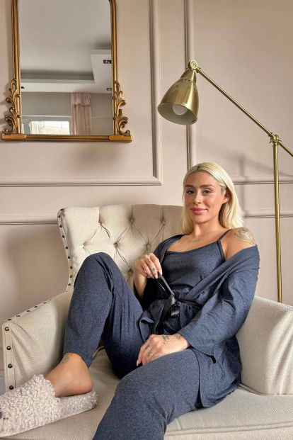 Lacivert Sabahlıklı Bambu Kadın Pijama Takımı - 4