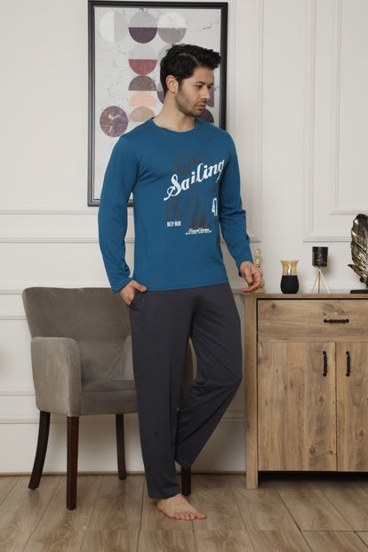 Lacivert Sailing Baskılı Uzun Kollu Erkek Pijama Takımı - 1