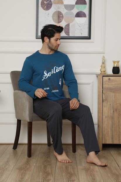 Lacivert Sailing Baskılı Uzun Kollu Erkek Pijama Takımı - 2
