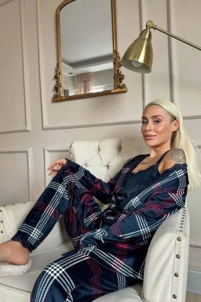 Lacivert Scotch Exclusive Kadife Sabahlıklı Kadın Pijama Takımı  - 2