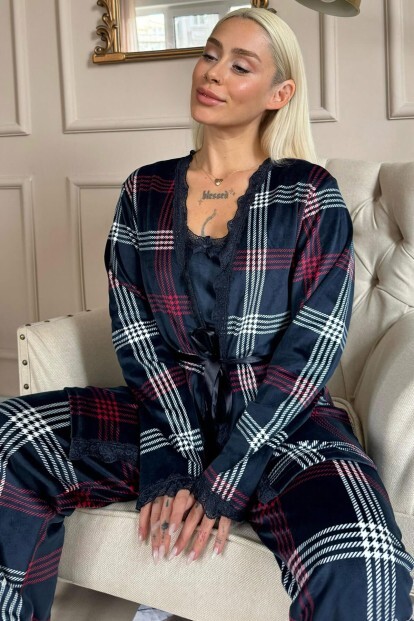 Lacivert Scotch Exclusive Kadife Sabahlıklı Kadın Pijama Takımı  - 6