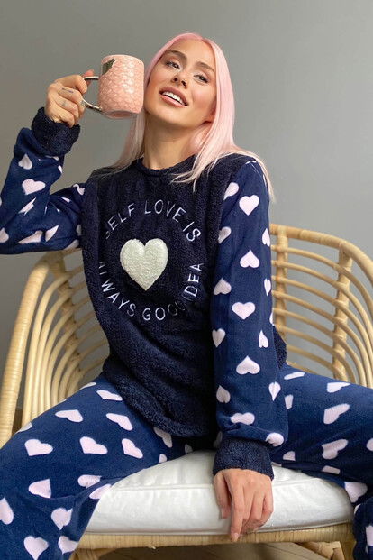 Lacivert Self Love Desenli Kadın Peluş Pijama Takımı - 1