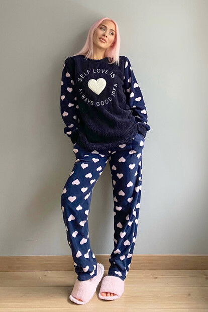 Lacivert Self Love Desenli Kadın Peluş Pijama Takımı - 4