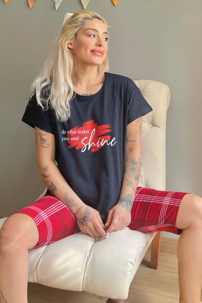 Lacivert Shine Baskılı Kapri Bermuda Kadın Pijama Takımı - 1