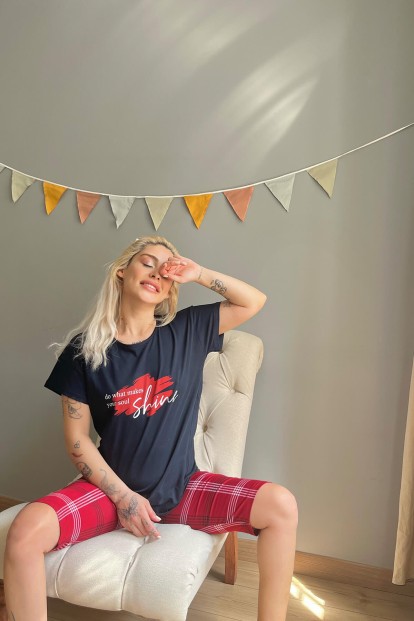 Lacivert Shine Baskılı Kapri Bermuda Kadın Pijama Takımı - 2