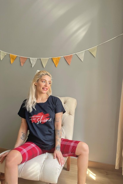 Lacivert Shine Baskılı Kapri Bermuda Kadın Pijama Takımı - 3