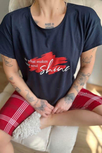 Lacivert Shine Baskılı Kapri Bermuda Kadın Pijama Takımı - 4