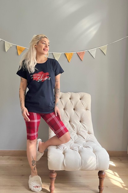 Lacivert Shine Baskılı Kapri Bermuda Kadın Pijama Takımı - 5