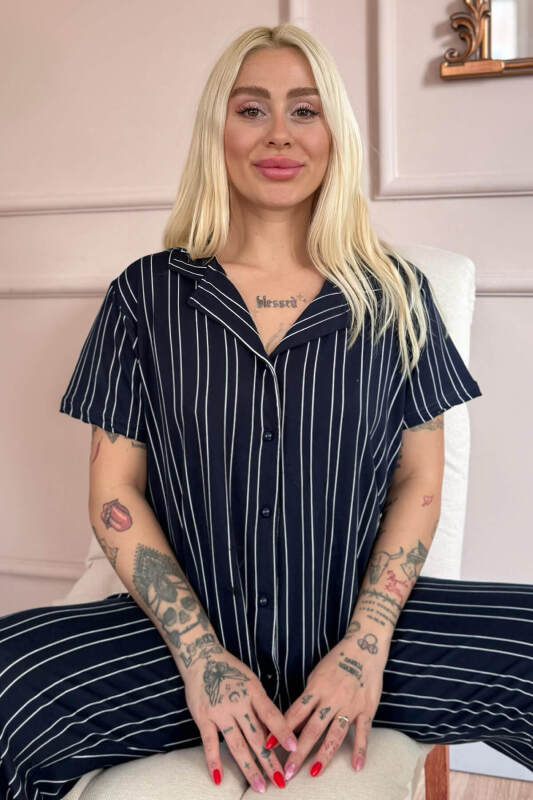 Lacivert Silhouette Desenli Bambu Önden Düğmeli Kısa Kol Pijama Takımı - Pijamaevi