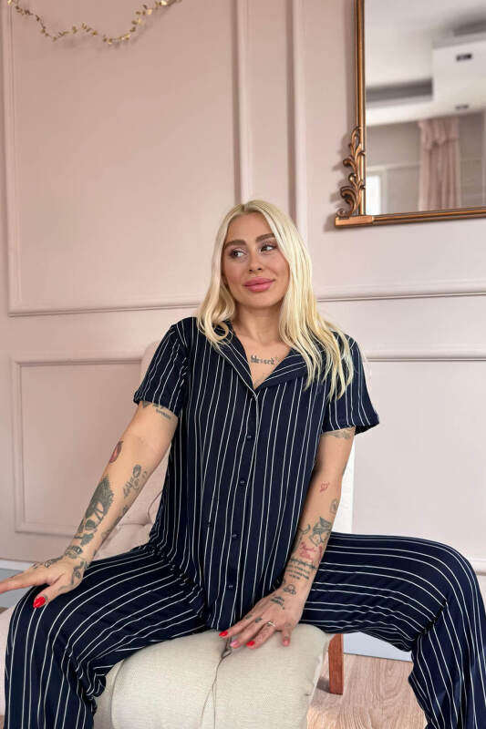 Lacivert Silhouette Desenli Bambu Önden Düğmeli Kısa Kol Pijama Takımı - Pijamaevi (3)