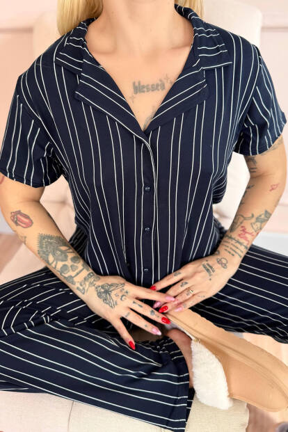 Lacivert Silhouette Desenli Bambu Önden Düğmeli Kısa Kol Pijama Takımı - 5