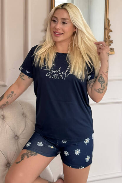 Lacivert Smile Everyday Desenli Bambu Kısa Kol Kadın Şortlu Pijama Takımı - 1
