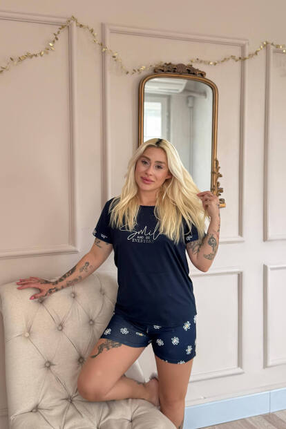 Lacivert Smile Everyday Desenli Bambu Kısa Kol Kadın Şortlu Pijama Takımı - 3