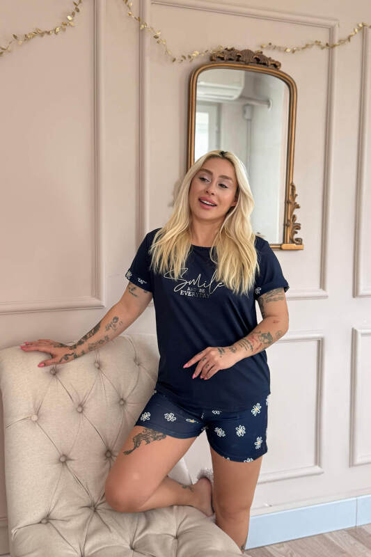 Lacivert Smile Everyday Desenli Bambu Kısa Kol Kadın Şortlu Pijama Takımı - Pijamaevi (3)