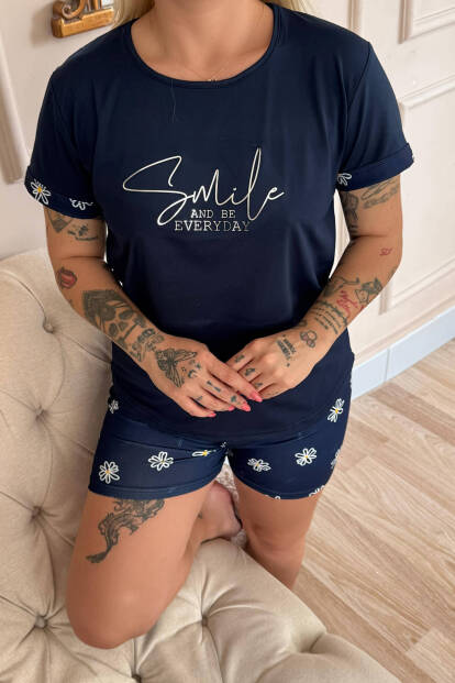 Lacivert Smile Everyday Desenli Bambu Kısa Kol Kadın Şortlu Pijama Takımı - 5