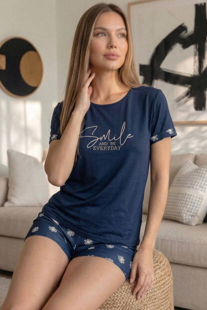 Lacivert Smile Everyday Desenli Bambu Kısa Kol Kadın Şortlu Pijama Takımı - 1