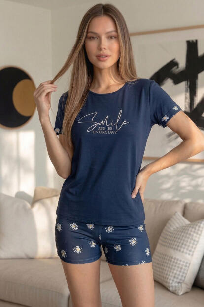 Lacivert Smile Everyday Desenli Bambu Kısa Kol Kadın Şortlu Pijama Takımı - 2