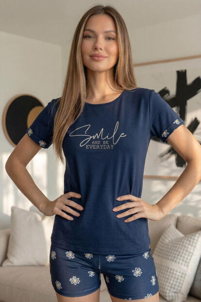 Lacivert Smile Everyday Desenli Bambu Kısa Kol Kadın Şortlu Pijama Takımı - 5