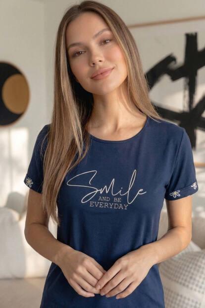 Lacivert Smile Everyday Desenli Bambu Kısa Kol Kadın Şortlu Pijama Takımı - 6