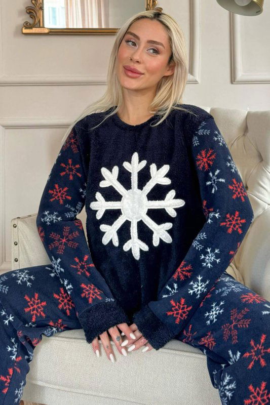 Lacivert Snefnug Desenli Kadın Peluş Pijama Takımı - Pijamaevi