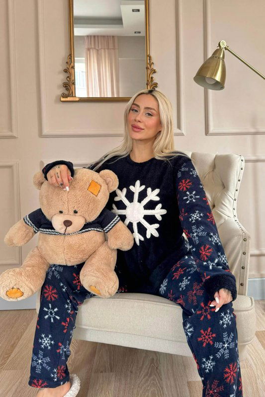 Lacivert Snefnug Desenli Kadın Peluş Pijama Takımı - Pijamaevi (1)