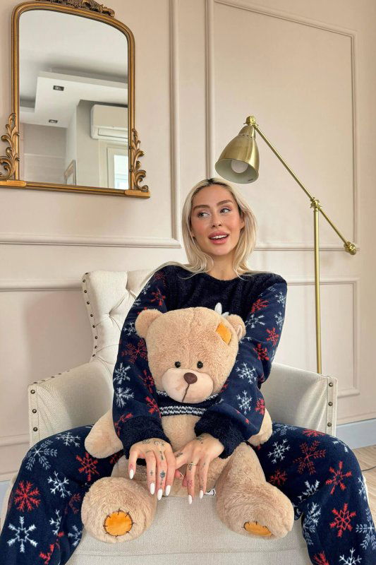 Lacivert Snefnug Desenli Kadın Peluş Pijama Takımı - Pijamaevi (2)