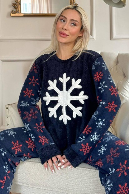 Lacivert Snefnug Desenli Kadın Peluş Pijama Takımı - 6