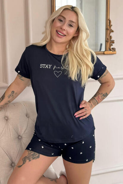 Lacivert Stay Positive Desenli Bambu Kısa Kol Kadın Şortlu Pijama Takımı 