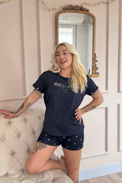 Lacivert Stay Positive Desenli Bambu Kısa Kol Kadın Şortlu Pijama Takımı - 2