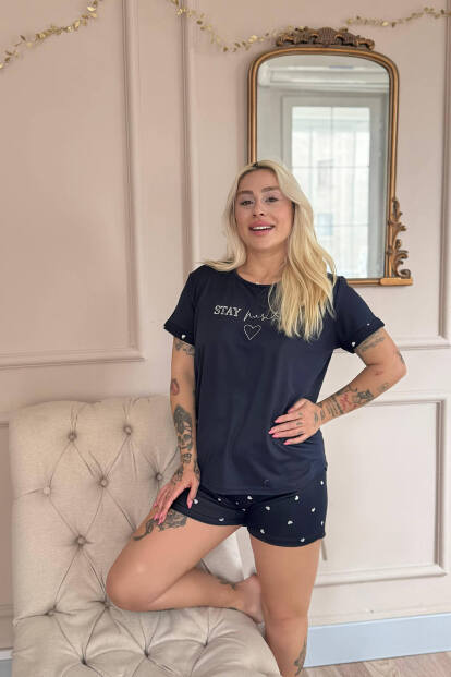 Lacivert Stay Positive Desenli Bambu Kısa Kol Kadın Şortlu Pijama Takımı - 3
