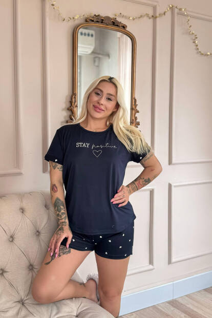 Lacivert Stay Positive Desenli Bambu Kısa Kol Kadın Şortlu Pijama Takımı - 4
