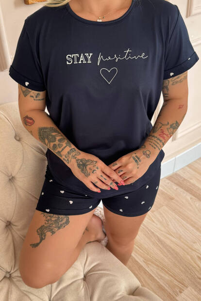 Lacivert Stay Positive Desenli Bambu Kısa Kol Kadın Şortlu Pijama Takımı - 5
