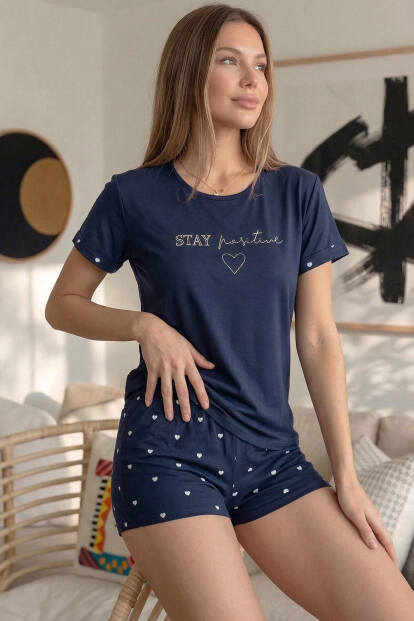 Lacivert Stay Positive Desenli Bambu Kısa Kol Kadın Şortlu Pijama Takımı 
