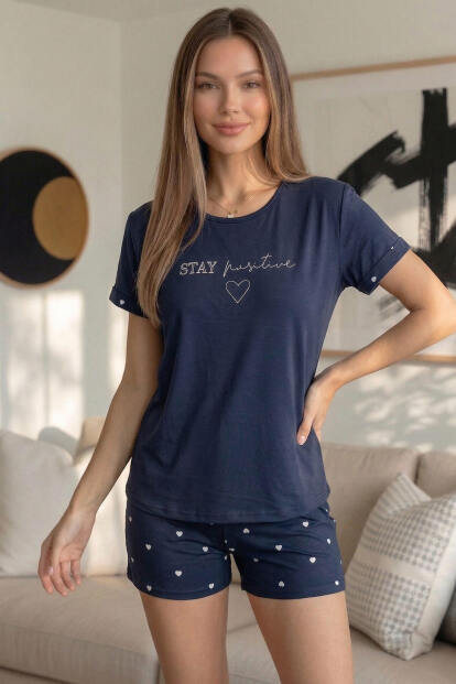 Lacivert Stay Positive Desenli Bambu Kısa Kol Kadın Şortlu Pijama Takımı - 2