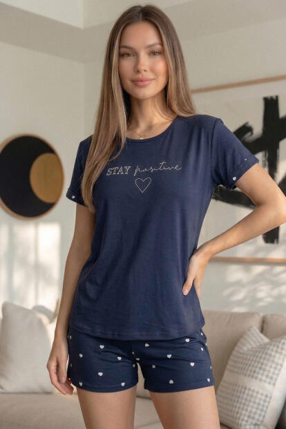 Lacivert Stay Positive Desenli Bambu Kısa Kol Kadın Şortlu Pijama Takımı - 3