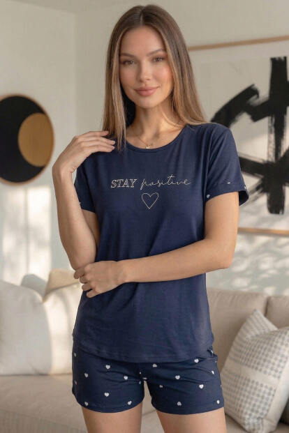Lacivert Stay Positive Desenli Bambu Kısa Kol Kadın Şortlu Pijama Takımı - 4