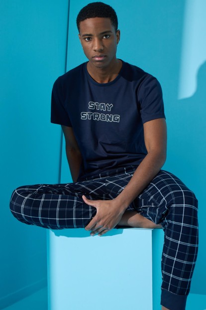 Lacivert Strong Baskılı Kısa Kollu Erkek Pijama Takımı - 1