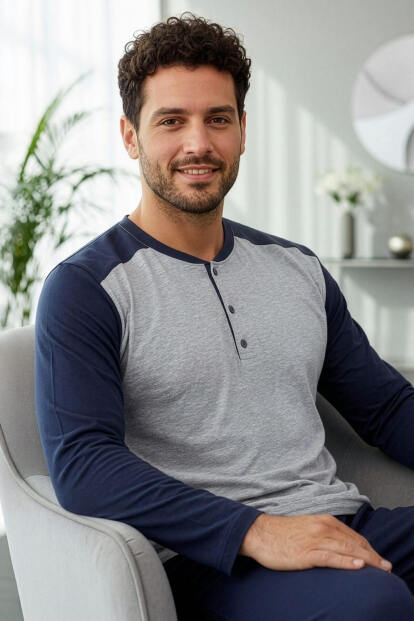 Lacivert Stylish Erkek Uzun Kol Pijama Takımı - 1