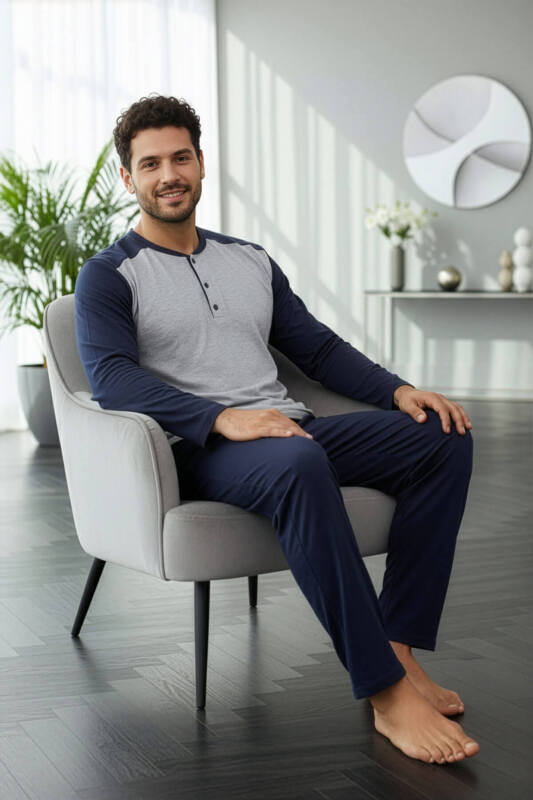 Lacivert Stylish Erkek Uzun Kol Pijama Takımı - Pijamaevi (2)