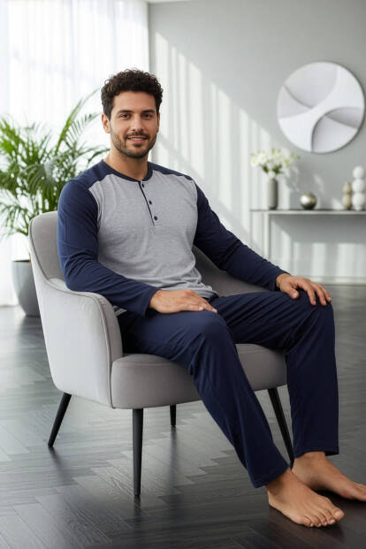 Lacivert Stylish Erkek Uzun Kol Pijama Takımı - 4