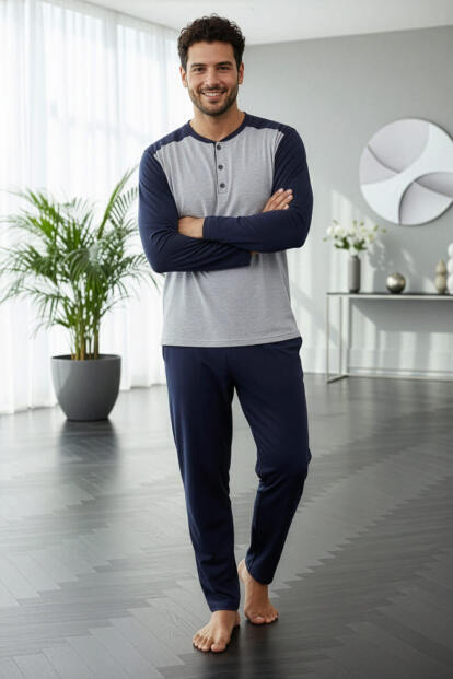 Lacivert Stylish Erkek Uzun Kol Pijama Takımı - 5