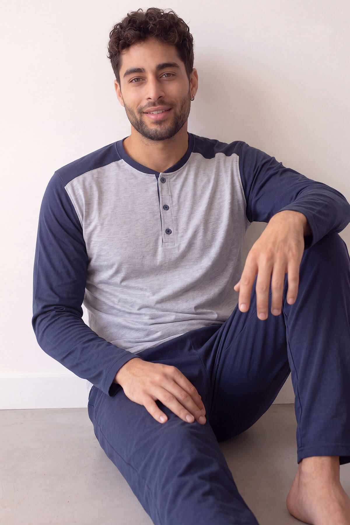 Lacivert Stylish Erkek Uzun Kol Pijama Takımı - Pijamaevi