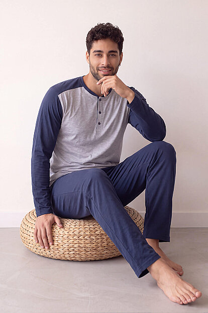 Lacivert Stylish Erkek Uzun Kol Pijama Takımı - 5